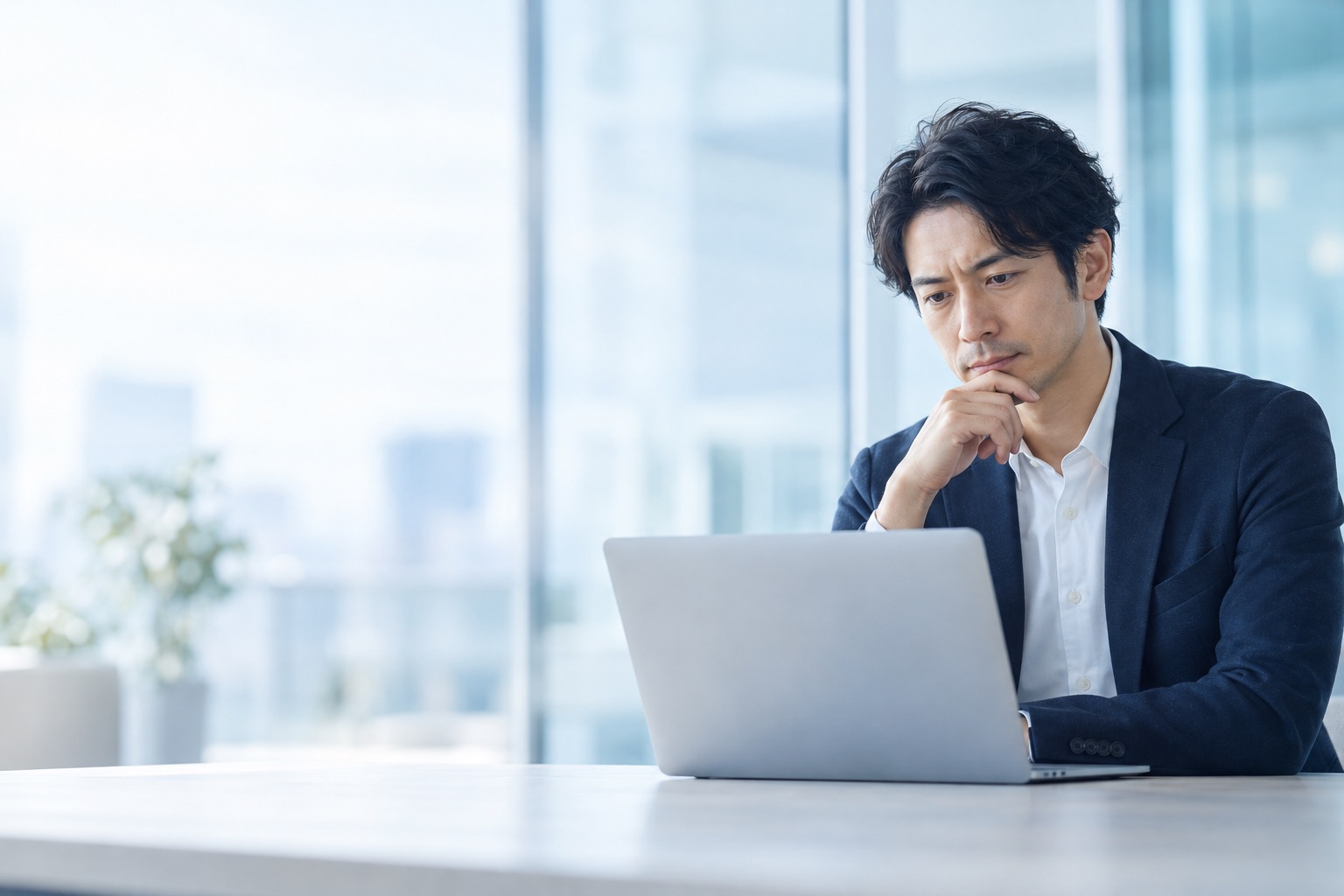 パソコンを前にWebの管理について考える担当者のイメージ